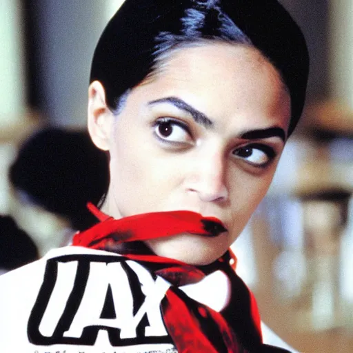 Image similar to Alexandria Ocasio Cortez wearing Tax the Rich tee shirt in American Psycho (1999)