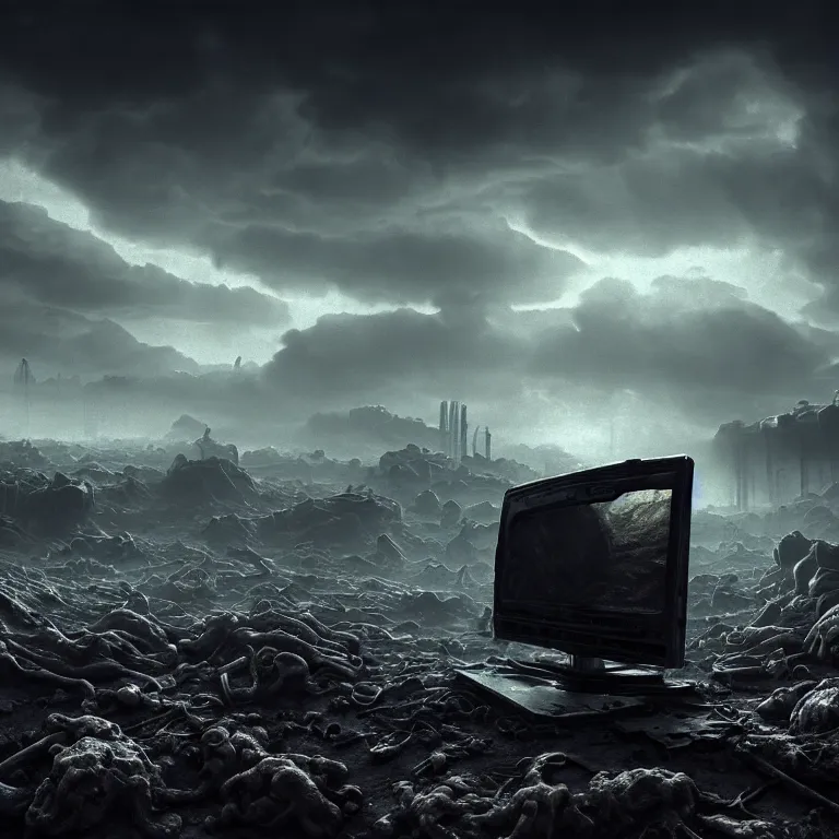 Prompt: surreal abandoned ribbed broken pc monitor in the wasteland on exoplanet, dark clouds, dark washed tint, dream-like heavy atmosphere, baroque painting, beautiful detailed intricate insanely detailed octane render trending on Artstation, 8K artistic photography, photorealistic, dramatic volumetric cinematic perfect light, chiaroscuro, award-winning photograph, masterpiece, Raphael, Caravaggio, Beksinski, Giger