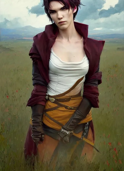 Image similar to portrait of Ruby rose of RWBY, countryside, calm, fantasy character portrait, dynamic pose, above view, sunny day, thunder clouds in the sky, artwork by Jeremy Lipkin and Giuseppe Dangelico Pino and Michael Garmash and Rob Rey, very coherent asymmetrical artwork, sharp edges, perfect face, simple form, 100mm