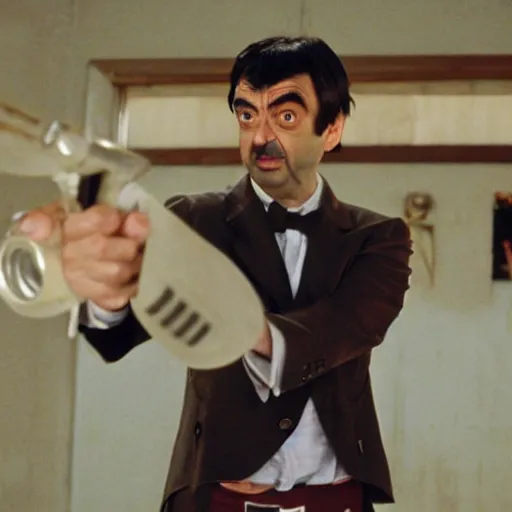 Prompt: film still of Mr Bean in Kill Bill