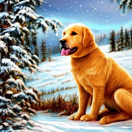 Prompt: cute fluffy golden labrador puppy sitting in snowy winter landscape detailed painting 4 k