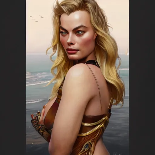 Image similar to Margot Robbie, intricate, highly detailed, digital painting, artstation, concept art, smooth, sharp focus, illustration, gta v cover art, Unreal Engine 5, 8K, art by artgerm and greg rutkowski and alphonse mucha