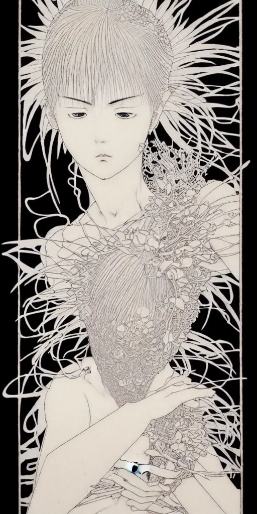 Prompt: prompt: Fragile looking figure, portrait face drawn by Takato Yamamoto and Katsuhiro Otomo, full body character drawing, inspired by Evangeleon and Akira 1988, clean ink detailed line drawing, intricate detail, manga 1980, portrait centric composition
