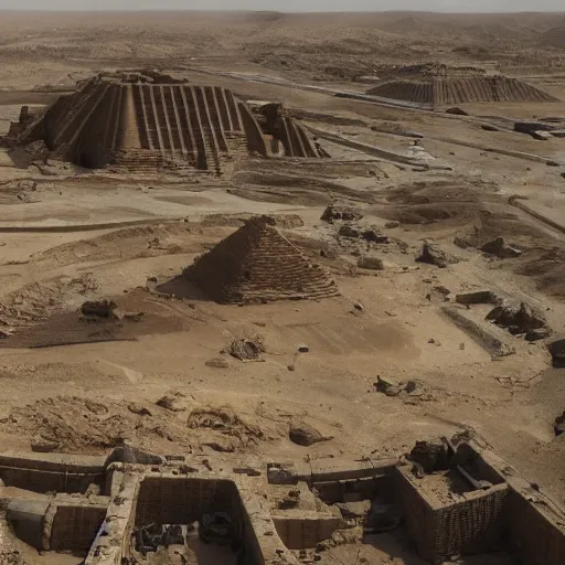 Image similar to archeological dig reveals wrecked alien spacecraft in egypt, pyramids in background, artstation