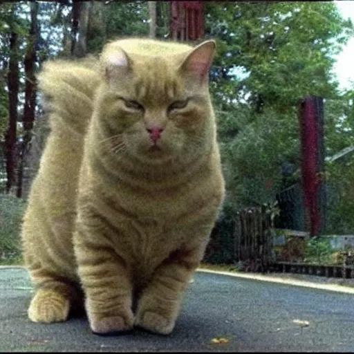 Prompt: world's fattest cat urban trail cam cctv footage