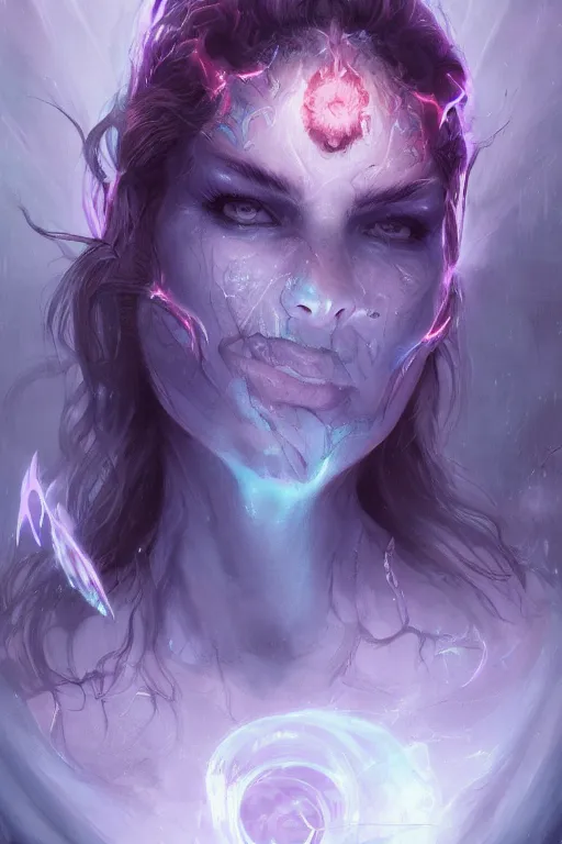 Prompt: face closeup beautiful girl necromancer full of sculls, wizard of the coast casting magic spell, angel and demons, heaven, magic storm and thunder clouds, scifi, fantasy, magic the gathering, hyper detailed, octane render, concept art, 3 d render, hyper realistic detailed portrait, peter mohrbacher