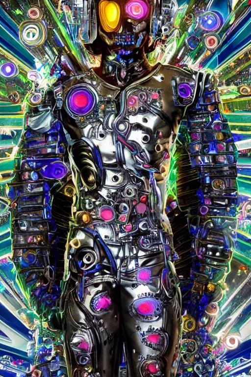 Image similar to full-body cyberpunk style chrome sculpture of a young handsome Latino prince as a half android with a chest opening exposing circuitry and electric sparks, glowing laser beam eyes, crown of giant diamonds, flowing neon-colored silk, fabric, raptors. baroque elements. full-length view. baroque element. intricate artwork by caravaggio. many many birds birds on background. Trending on artstation, octane render, cinematic lighting from the right, hyper realism, octane render, 8k, depth of field, 3D