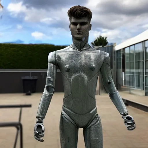 Image similar to a realistic detailed photo of a guy who is an attractive humanoid who is half robot and half humanoid, who is a male android, soccer player timo werner, shiny skin, posing like a statue, blank stare, by the pool, on display, showing off his muscles, humanoid robot, frozen ice statue, made of ice