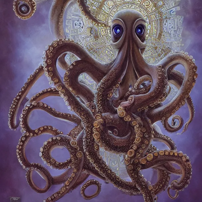 Image similar to beautiful and exotic octopus queen bust portrait, glowing big eyes, art nouveau declotage, perfect symmetrical facial features, hyperrealistic bone structure, extremely hyperdetailed, mixed media painting, unreal engine, 8 k, octane, 8 mm, by travis charest, rodney matthews and chris achilleos