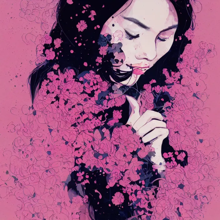 Prompt: candid portrait of very beautiful young filipino woman with narrow face, surrounded by dramatic swirling smoke and flowers, face partially obscured, dark background, by conrad roset, abstract, trending on artstation