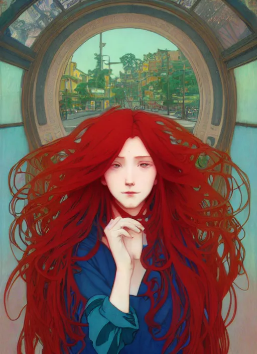 Prompt: young woman with long red hair standing at the corner of a busy street, path traced, highly detailed, high quality, digital painting, by studio ghibli and alphonse mucha, leesha hannigan, makoto shinkai, disney