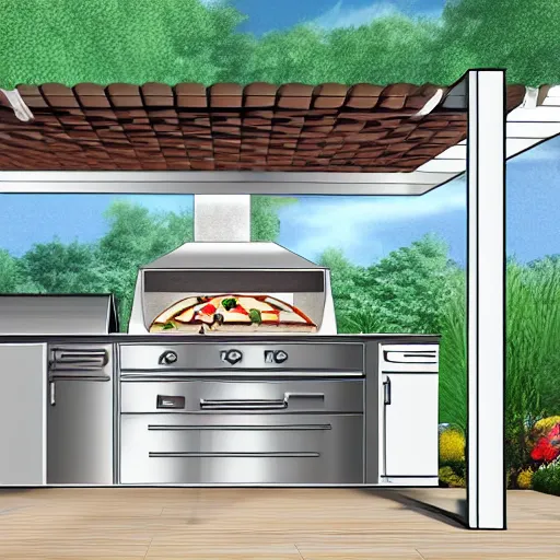 Image similar to modern outdoor kitchen design with grill and pizza oven, designer pencil sketch, HD resolution