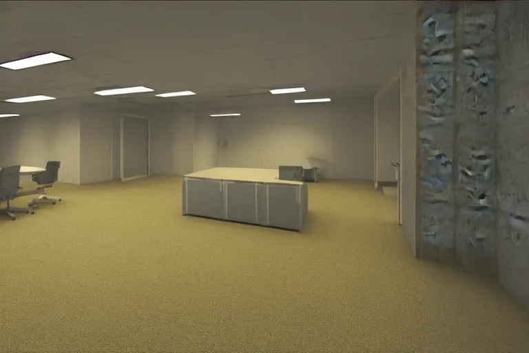 Image similar to 3 d render of jerma 9 8 5, jerma in endless halls of empty office space with worn light mono - yellow 7 0 s wallpaper, old moist carpet, and inconsistently - placed fluorescent lighting | liminal space | non - euclidean space | high octane | blender | 3 d render