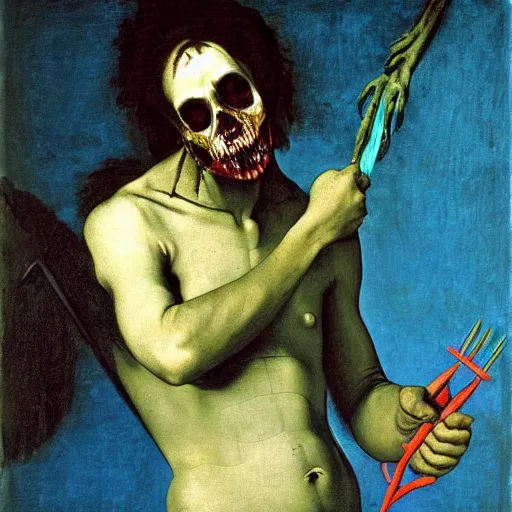 Image similar to painting by caravaggio of a drowned zombie holding a trident with glowing cyan eyes, wearing ragged clothing, holding a trident, underwater, pastel green and blue color palette