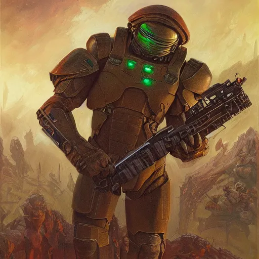 Image similar to The Doomguy, art by Donato Giancola and James Gurney, digital art, trending on artstation