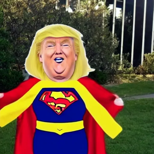 Prompt: fat donald trump dressed up as supergirl for halloween