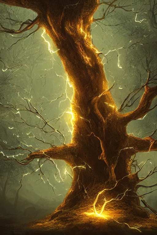 Prompt: a tree with lightning for leaves, overexposure, electricity, night, unreal engine, digital art, 8 k, oil painting, fantasy art, illustration, detailed and intricate environment