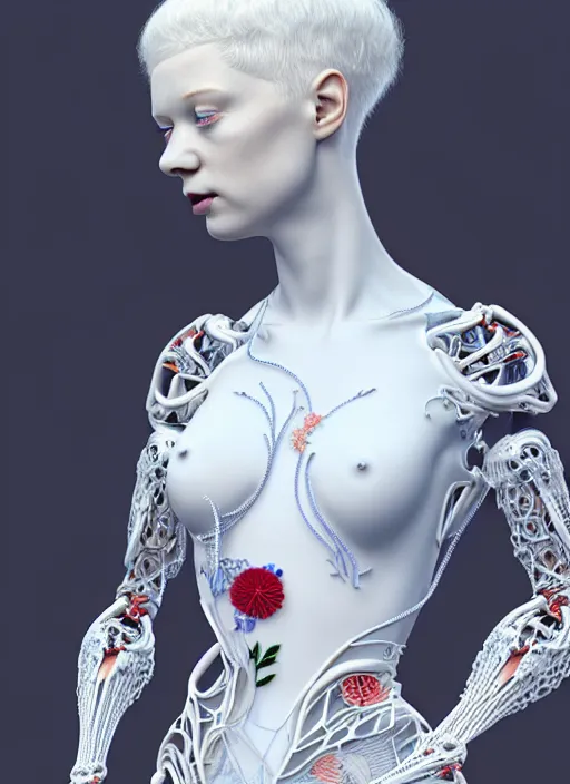 Prompt: complex 3d render ultra detailed of a beautiful porcelain profile young albino woman face, blue eyes, biomechanical cyborg, 200 mm lens, beautiful studio soft light, rim light, silver white gold red details, magnolia big leaves achromatic and stems, roots, fine foliage lace, mesh wire, Alexander Mcqueen high fashion haute couture, art nouveau fashion embroidered, intricate details, hyper realistic, ultra detailed, mandelbrot fractal, anatomical, facial muscles, cable wires, microchip, elegant, octane render, H.R. Giger style, 8k post-production, trending on Artstation