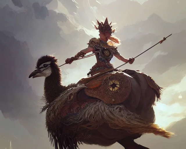 Prompt: woman riding an emu, deep focus,, fantasy, intricate, elegant, highly detailed, digital painting, artstation, concept art, matte, sharp focus, illustration, hearthstone, art by artgerm and greg rutkowski and alphonse mucha