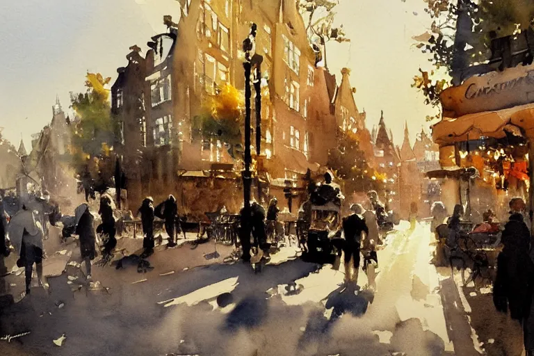 Prompt: abstract watercolor painting of amsterdam street, summer, magical and traditional, cinematic light, cafe, sharp shadows, daylight, national romanticism by anders zorn, by greg rutkowski, by greg manchess