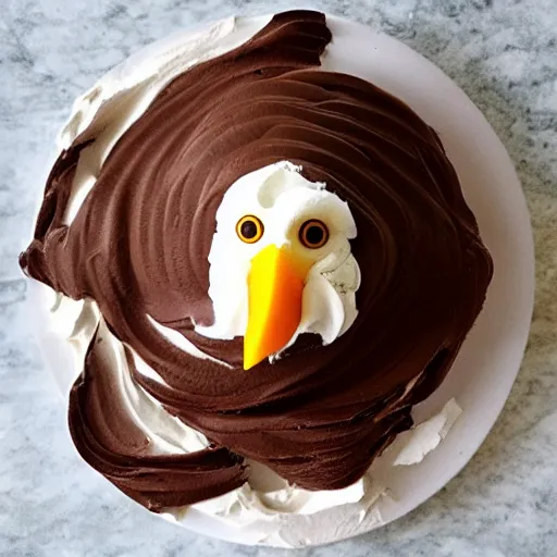 Image similar to a bald eagle made of chocolate powder, mango, and whipped cream