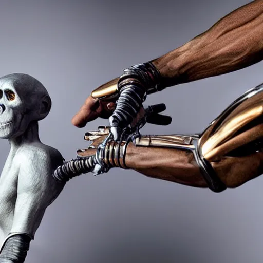 Image similar to futuristic cyborg holding hands with homo habilis, hd photograph, photo in a studio room