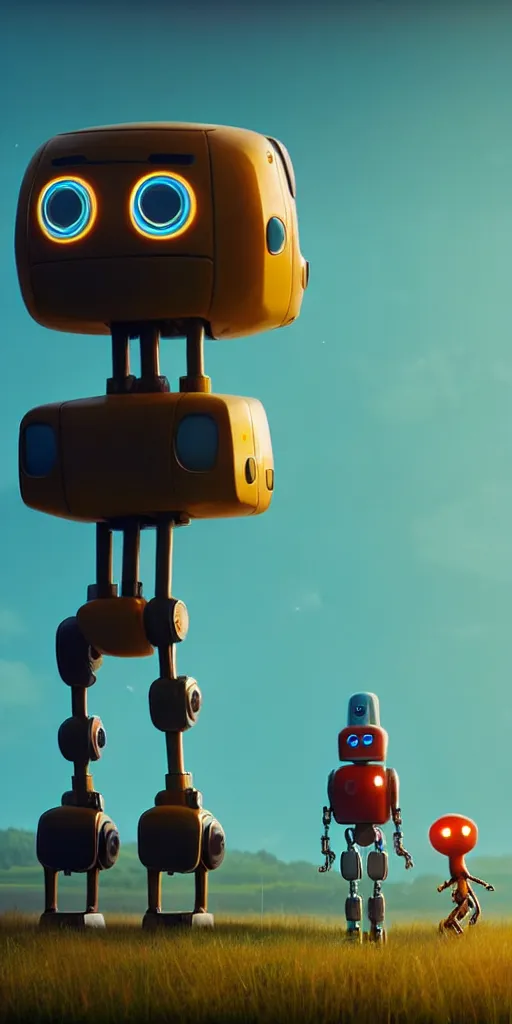 Image similar to tall cute robot with his best dog friend, by Simon Stalenhag, unreal engine, octane render, 8k, rule of thirds