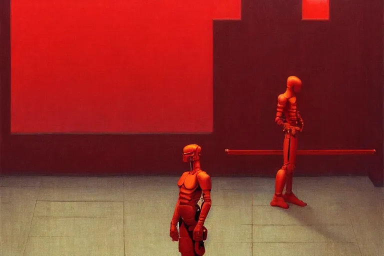 Image similar to only with red, a red cyborg samurai, tokio futuristic in background, some evil yokai, in the style of beksinski, parts by edward hopper, parts by rodcenko, parts by yue minjun, intricate and epic composition, red by caravaggio, insanely quality, highly detailed, masterpiece, red light, artstation, 4 k