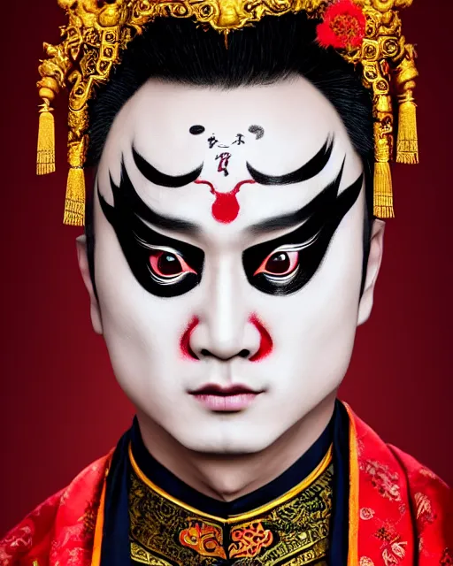 Image similar to photo of a Dramatic Peking Opera male character wearing elaborate makeup with Sanskrit devanagari script words painted on face in the style of stefan kostic, realistic, sharp focus, symmetric, 8k high definition, insanely detailed, intricate, elegant, art by stanley lau and artgerm, William-Adolphe Bouguereau