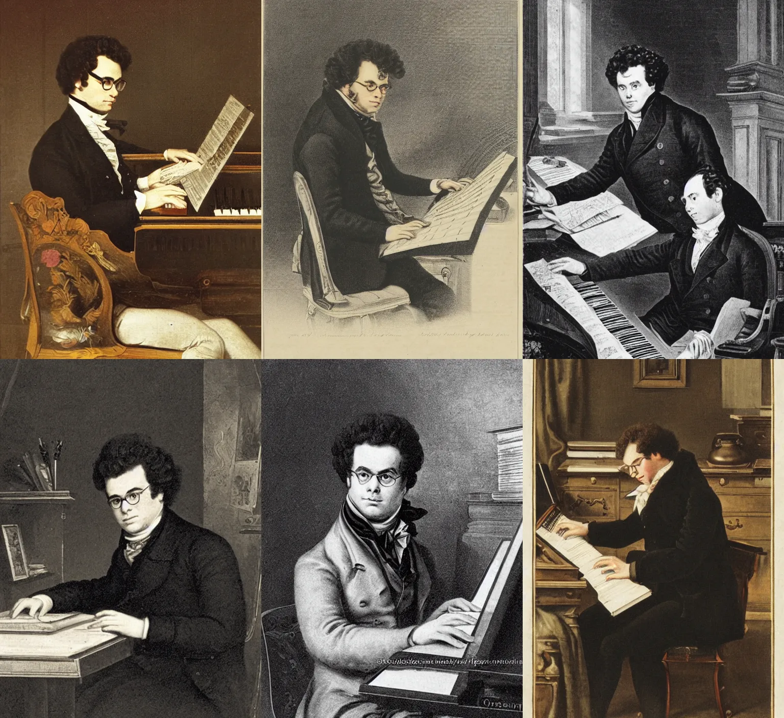 Prompt: a portrait of franz schubert programming on the computer made in 1 8 0 0 s, a romanic era portrait