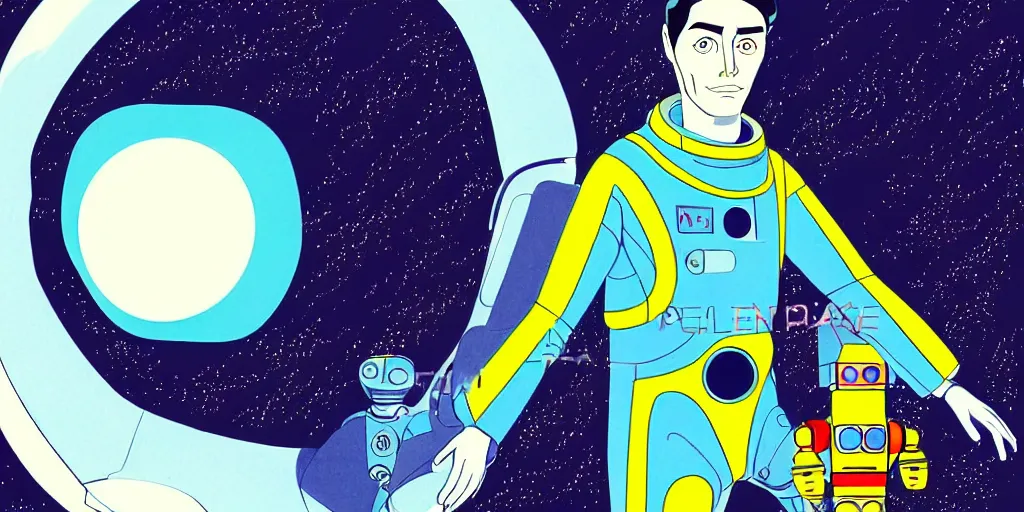 Image similar to traditional drawn colorful animation a symmetrical portrait of lonely single Alain Delon alone from 1960 60s pilot in spacesuit posing in spaceship station planet captain bridge outer worlds robots extraterrestrial hyper contrast well drawn in Jean Henri Gaston Giraud animation film The Masters of Time FANTASTIC PLANET La planète sauvage animation by René Laloux