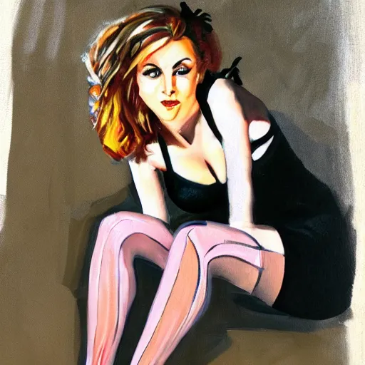 Prompt: old painting of a pretty woman in thigh high socks