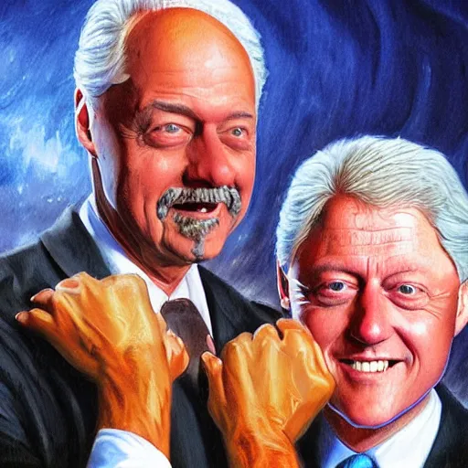 Image similar to highly detailed oil painting, concept art, dr phil and bill clinton, holding hands and dancing on a pile of dead kids, concept art, highly detailed