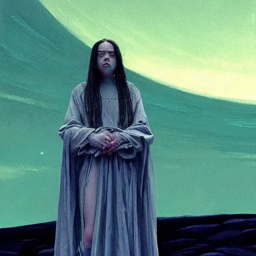 Image similar to closeup : billie eilish as the empress of the universe sits on stellar throne, concept art for a scifi film. by edward hopper. sharp focus, cinematic atmosphere, detailed and intricate, perfect anatomy, meticulous detail