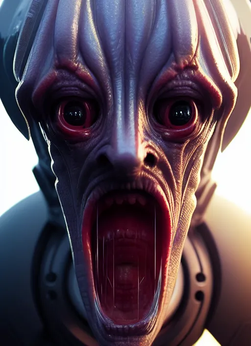 Image similar to portrait of a space alien, varying detailed skin, octane render, piercing glowing eyes, realistic render, detailed, ugly, slimy unreal engine, symmetrical!!, greg rutkowski and ruan jia, cinematic