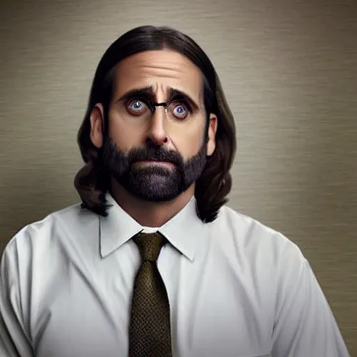 Prompt: Steve Carell as Jesus, The Office, Cubicles, Photorealistic, Professional Photography, Sad