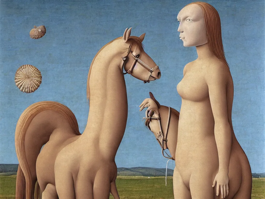 Prompt: Horse star on the forehead. Giant conch shell. Painting by Alex Colville, Piero della Francesca