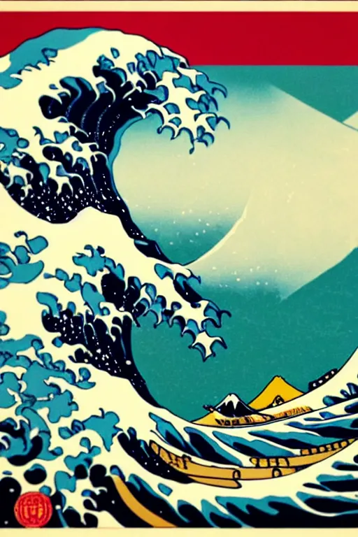 Image similar to Shepard Fairey The Great Wave off Kanagawa, sun in the background