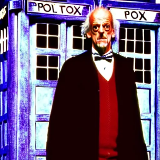 Prompt: christopher lloyd as doctor who in front of tardis, directed by james cameron, 1 9 9 9