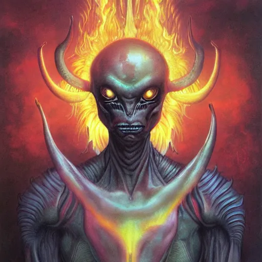 Prompt: realistic alien medium shot portrait with horns. red eyes, human eyes, background flames, by wayne barlowe