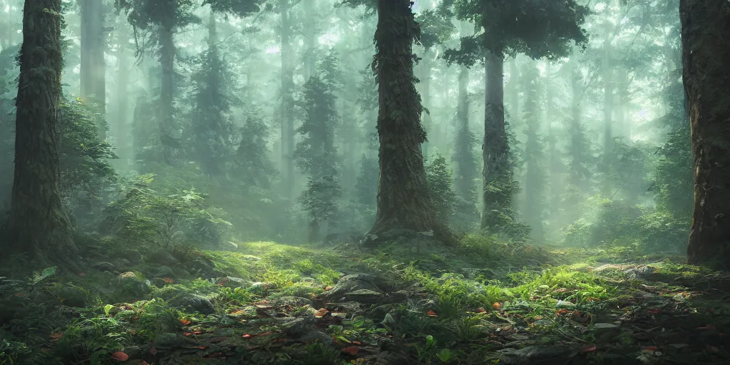 Prompt: a forest, highly detailed, oil painting, cinematic angle, hyperrealistic, beautiful, volumetric lighting, dynamic, Studio Ghibli, digital art, octane render, post-processing, beautiful composition, trending on artstation, masterpiece