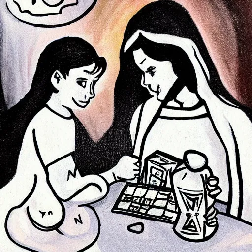 Image similar to jesus child playing uno with devil child, cute art work