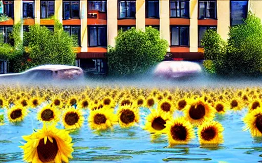 Image similar to City of Ljubljana flooded with sunflowers and people swimming through them, digital art, trending on artstation