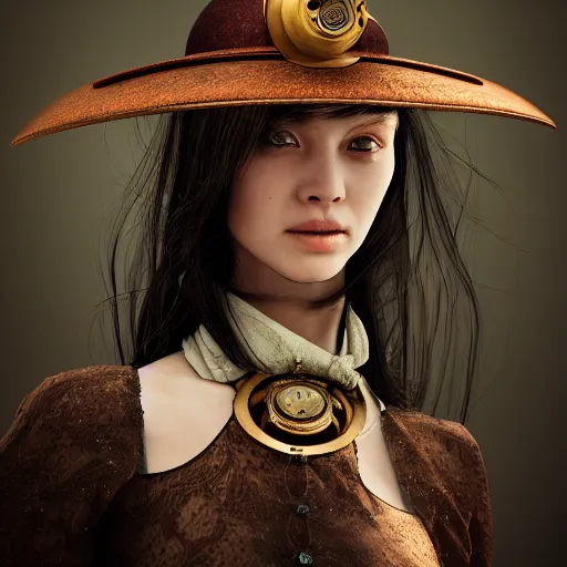 Image similar to a portrait of a beautiful steampunk woman by zhang jingna, long hair, aged 2 5, swedish, wearing a travel hat, photo realistic, real life, photograph, 3 5 mm, octane render, trending on artstation