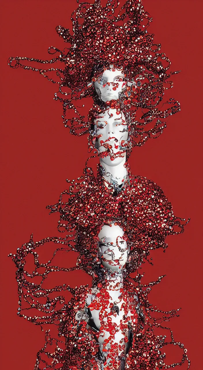 Image similar to a fashion character design wearing a red sequined bodysuit, acid hallucinations floating around their head, by moebius, alexander mcqueen headdress with beads, by kawase hasu