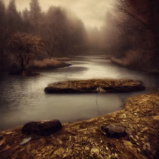 Prompt: grunge painting of a beautiful river landscape by michal karcz., taken by a disposable camera | horror | nightmare