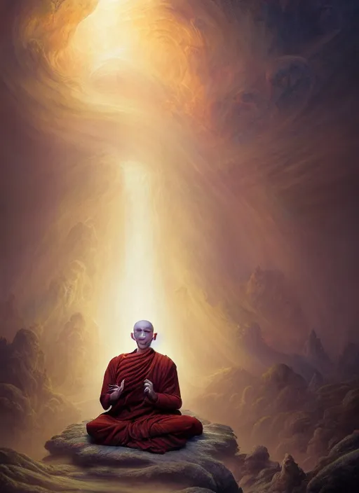 Prompt: a monk meditating, in the style of tomasz alen kopera and fenghua zhong and peter mohrbacher, mystical colors, rim light, beautiful lighting, 8 k, stunning scene, raytracing, octane, trending on artstation