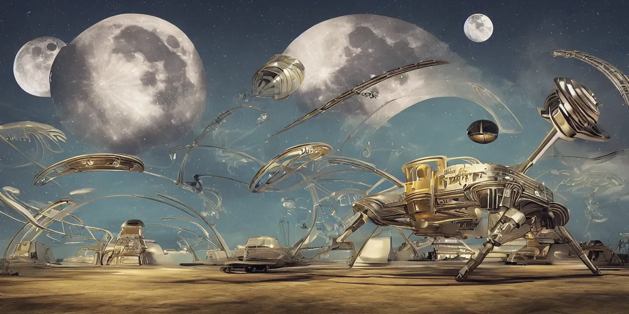 Prompt: surreal art deco designs, sci fi scene, alien landscape, flying saucer and moon rover