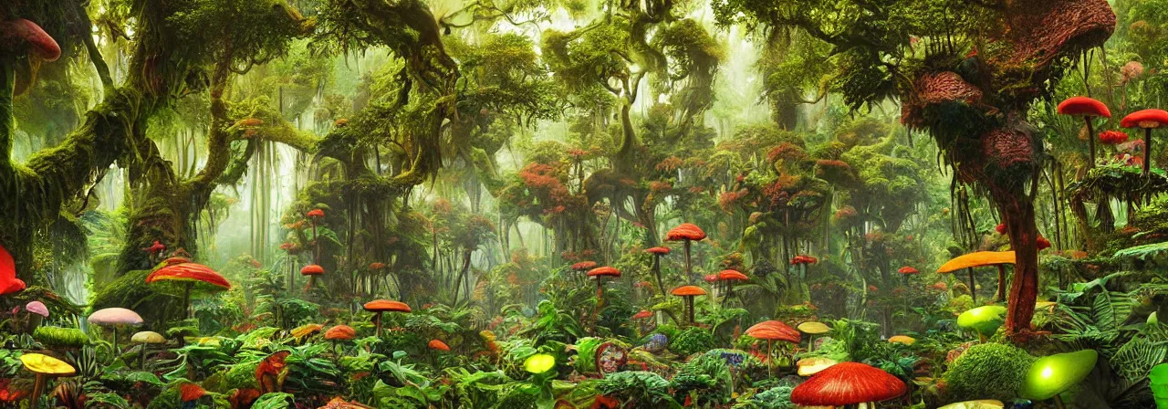 Prompt: lush rainforest in wonderland dmt tripping, sacred geometry details, psychedelic mushrooms, little aliens, by jean giraud, coherent, psychedelic, hyper realism, high detail, vivid colors, octane render, unreal engine, 8 k, smooth gradients, high contrast, depth of field by jacek yerka
