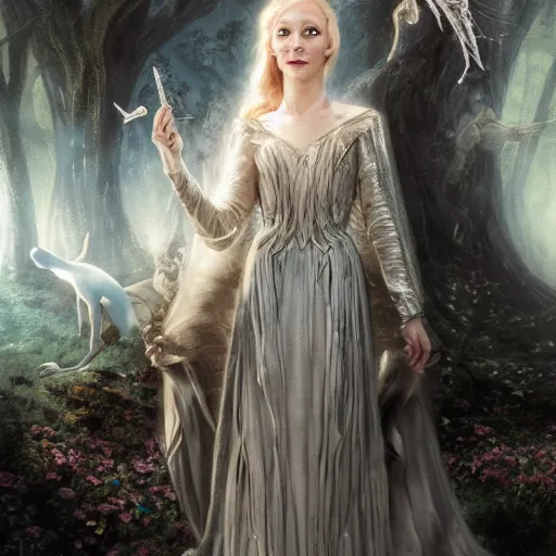 Prompt: portrait of mischievous, dangerous Galadriel (Cate Blanchett) as a queen of fairies, dressed in a beautiful silver dress. The background is a dark, creepy eastern europen forrest. night, horroristic shadows, high contrasts, lumnious, theatrical, character concept art by ruan jia, thomas kinkade, and J.Dickenson, trending on Artstation